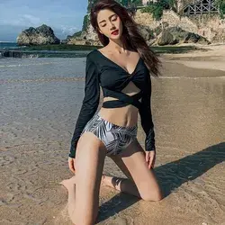 Bikini Sexy Cross Strap Long-sleeved Sunscreen Split - Black / XL