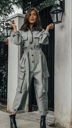 Women Gray Designer Boiler Suit Custom Made Wide Leg Pant With Cargo Patch Pockets Wedding Guest Business Formals Jumpsuit Casual Romper