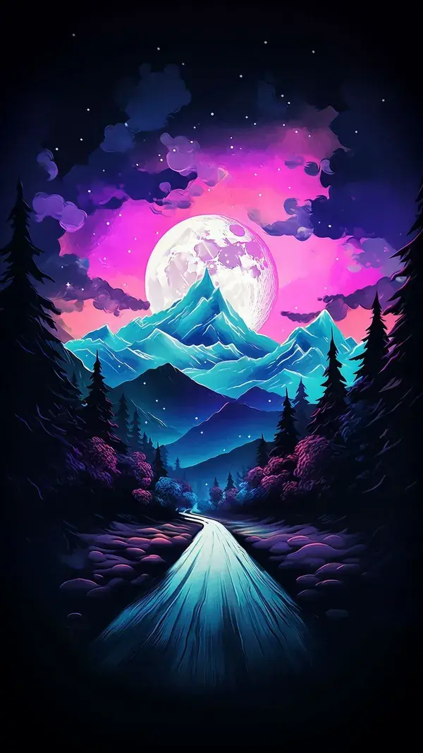 Free 4k, hd wallpaper road, mountains, moon, full moon, trees, art background hd pc & mobile