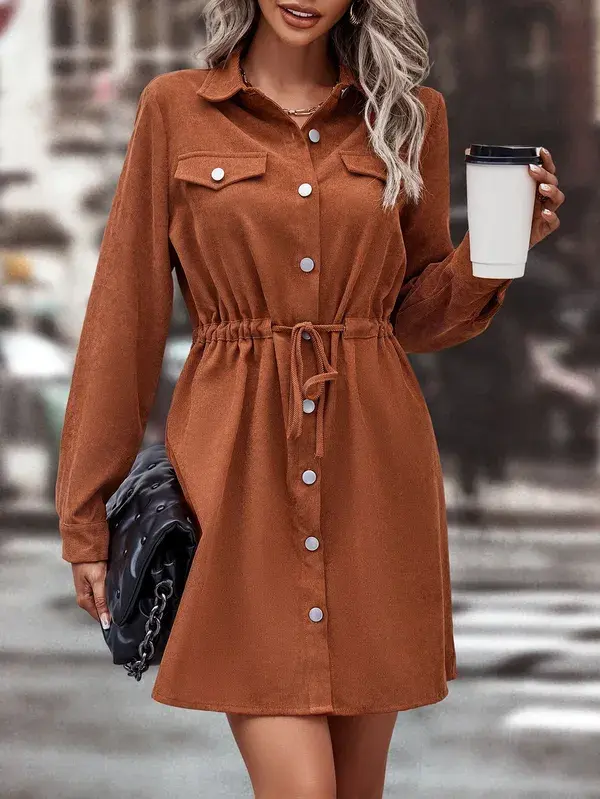 Flap Detail Drawstring Waist Corduroy Shirt Dress