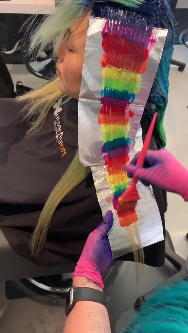 Maybe the longest rainbow panel alive👻🌈 | Balayage Hair Rainbow Color, Vivid Hair Color, Hair Dye