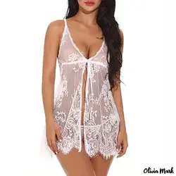 Olivia Mark - Sexy lingerie sexy lace pajamas front open halter short skirt - White, M