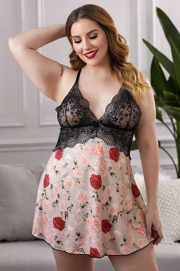 Plus Size Lace Bra Splicing Floral Babydoll - Black / 3X / 95%Polyester+5%Spandex