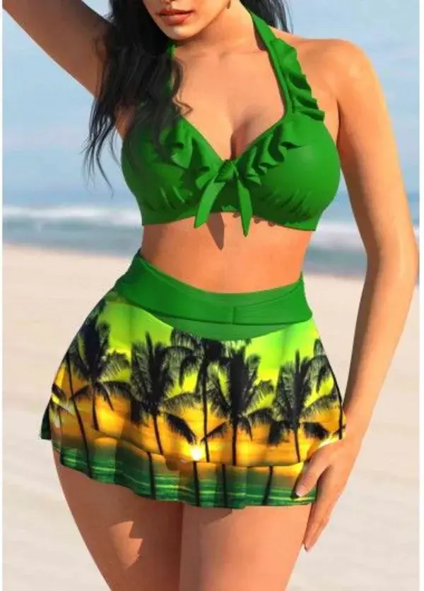 High Waisted Scape Print Green Bikini Set