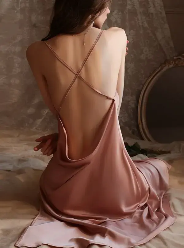 Deep V Backless Suspender Nightdress Suit - M / Pink