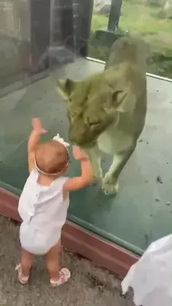 A toddler confronting a lion #lion#toddler