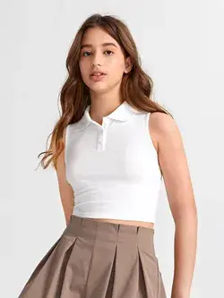 Teen Girls Button Half Placket Rib-knit Crop Tank Top
