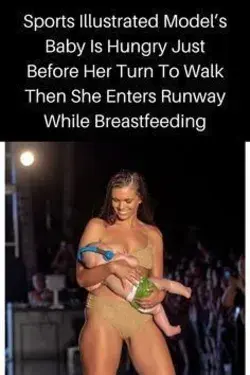 Sports Illustrated model’s baby is hungry just before her turn to walk