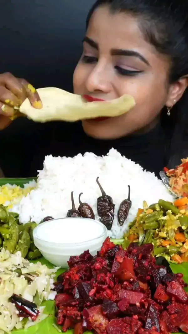 Ashifa ASMR Eating Spicy South Indian Thali, Rice, Kheer, Sambar, Papad ASMR Eating Mukbang Video