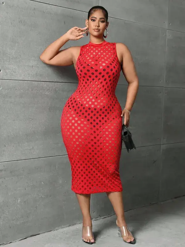 Plus Hollow Out Bodycon Dress Without Lingerie Set