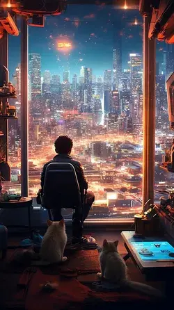 Cats Chilling with their Human Inside a Cyberpunk Bedroom