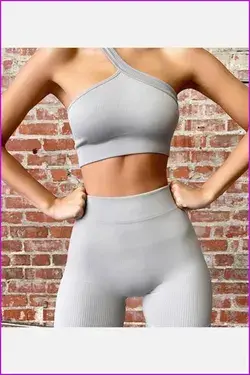 Wholesale Pure Color One Shoulder Cropped Top And Short Sets - Gray / L