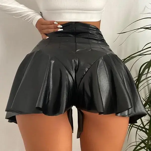 Women&#039;s Shorts Women&#039;s Women 2022 Sexy Pleated Super Mini Skirts High-waisted Ruffle PU Leather Skirt Night Club WearWomen&#039;s