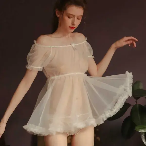 Sexy Pajamas Women&#039;s Summer Thin Transparent Tops Gauze Attractive Home Clothes Temptation Women Pajamas Set 210924