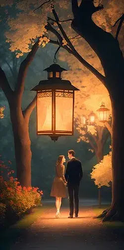 A couple walking under a street light with a lantern hanging from it.