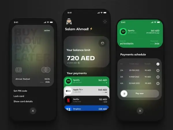 BNPL mobile app design concept. UI kit. Finance app design