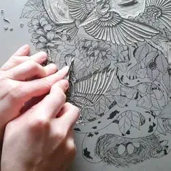 Forest Baroque- carving the lino block for printing