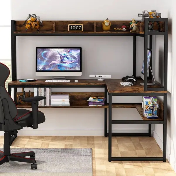 Tribesigns L-Shaped Desk, 65 Corner Computer Desk with Hutch & Storage Shelves - White