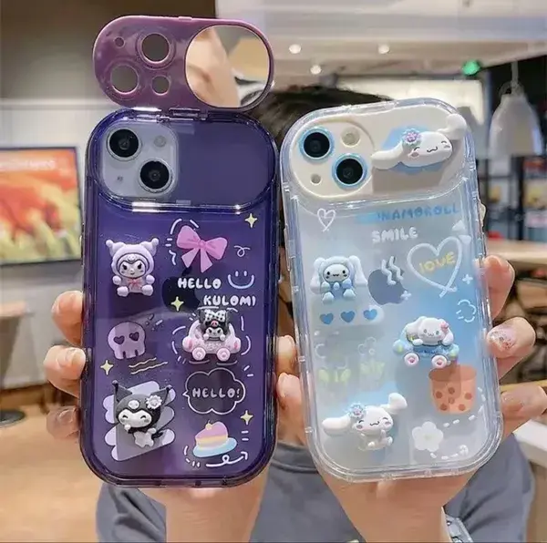 Sanrio Cinnamoroll Kuromi 3D Cartoon Doll With Mirror Phone Cases For iPhone 15 14 13 12 11 Pro M...