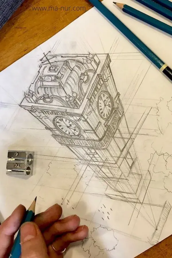 Two Point Perspective Drawing - Technical Arts Architecture Details Facade -  Illustration/Painting