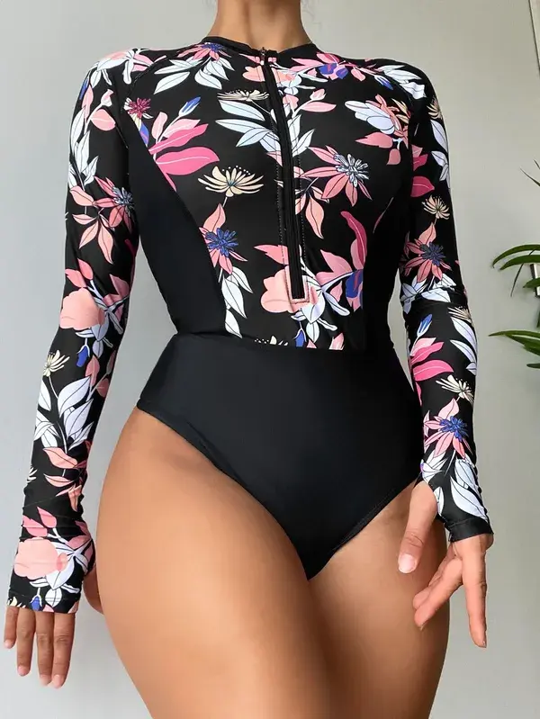 Plant Print Zipper Front One Piece Swimsuit