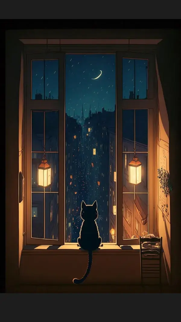 My cat loves the street view of night Paris painting phone wallpaper