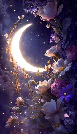 Magical Moon Surrounded by Beautiful Wildflowers in Night Sky