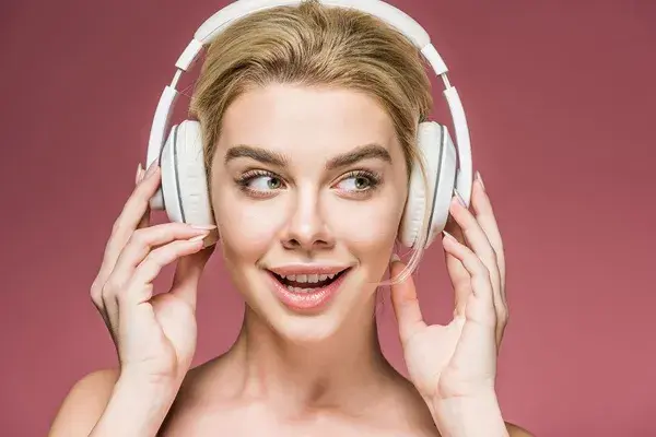 happy girl listening music with head