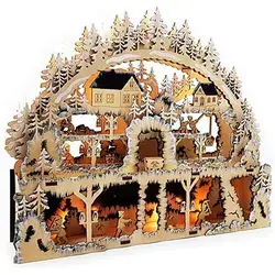 Amazon.de: Wichtelstube-Kollektion Holzkunst LED Schwibbogen mit Podest Winterdorf im Erzgebirge Schwibbogen Lichterbogen Weihnachtsdeko Fensterbank Echtholz, Batteriebetrieben mit Timer 44cm Breite