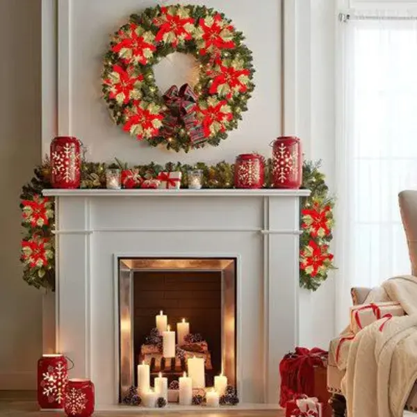 Primrue Artificial Christmas Poinsettia Wreath, Size 0.0 H x 6.3 W x 0.0 D in | Wayfair