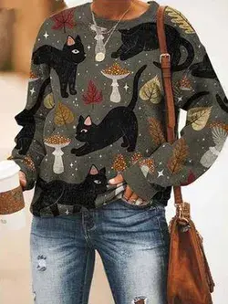 Women Casual Printed Winter Long sleeve Crew Neck Cotton-Blend Sweatshirts