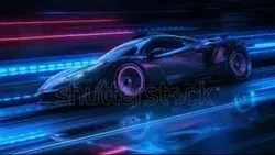 Speeding Sports Car On Neon Highway. Powerful acceleration of a supercar on a night track