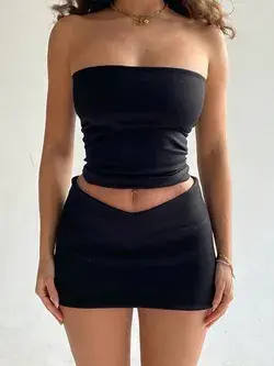 Women 2 Piece Outfits Set Strapless Sleeveless Crop Tube Tops and Low Waist Mini Skirt