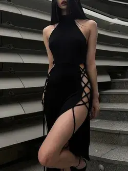 Goth Dark Cosplay High Split Bandage Women's Dresses - black / L