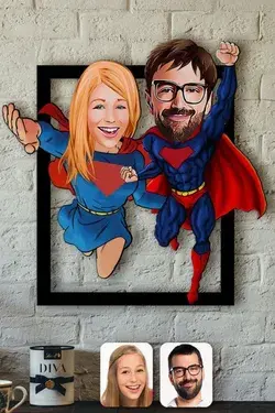 Personalized Superhero Couple Caricature Gift, Custom Cartoon Portrait Gift, Photo Print on Wood