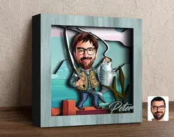 Personalized Fisherman 3D Handcrafted Six Layered Wooden Shadow Box, Custom Cartoon Fishing 3D Shadow Box Frame, Laser Cut Shadow Box