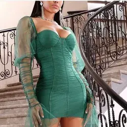 Raffle Sleeve Bandage Dress | Color: Green | Size: Various