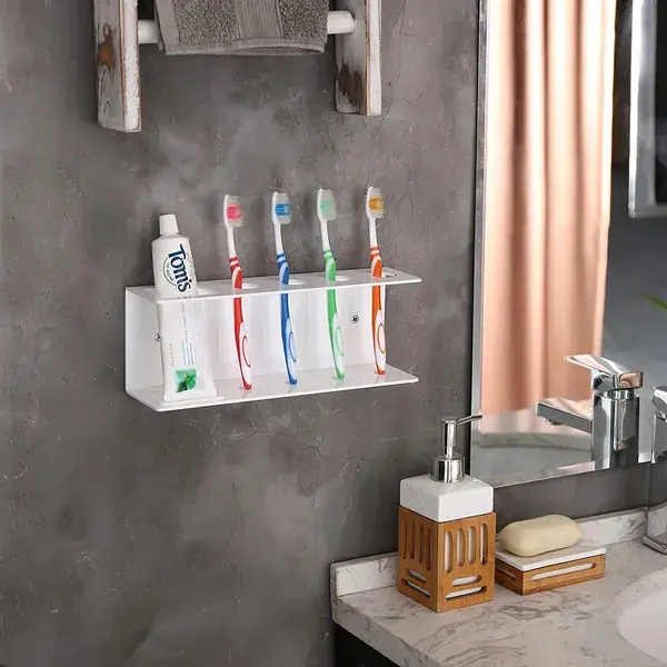 MyGift WallMounted White Acrylic 4Slot Toothbrush & Toothpaste Holder/Bathroom Storage Shelf