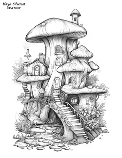 Mushroom House - free grayscale coloring page for adults