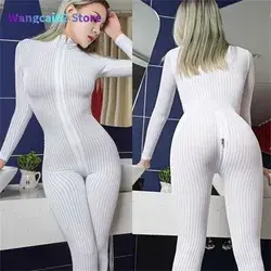 Women&#039;s Jumpsuits Rompers Dame Black Striped Sheer Bodysuit Smooth Fiber 2 Zipper Long Sleeve Jumpsuit 020723H