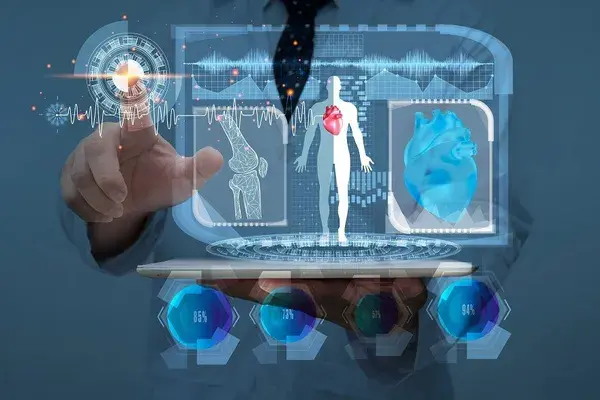 Medical technology concept. Electronic medical record. Doctor holding hand on start button if futuristic screen, futuristic medical technology, human anatomy scan and x-ray image