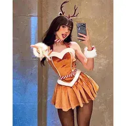 Cosplay Womens Christmas Sexy Elk Strapless Leotard Dress Santa Claus Reindeer Cosplay Bunny Girl Mini Skirts Costume New Year Clothes