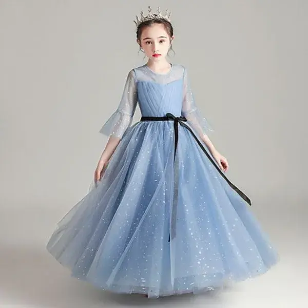 Princess / Ball Gown Jewel Neck Floor Length Tulle Junior Bridesmaid Dress with Bow(s) / Pleats