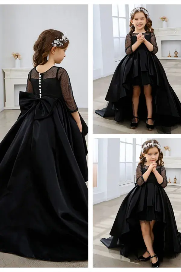 LaLamira-Flower Girl Dresses Birthday Party Pageant Dresses Ball-Gown Asymmetrical Tulle Bow Black