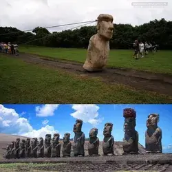 A 10-foot-tall, 5-ton moai replica "walks" as three teams maneuver strong ropes. Archaeologists led