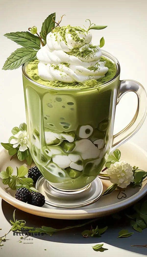 Enchanting Matcha Elixir: A Visual Delight of Rich Green and Velvety Chocolate in a Cup