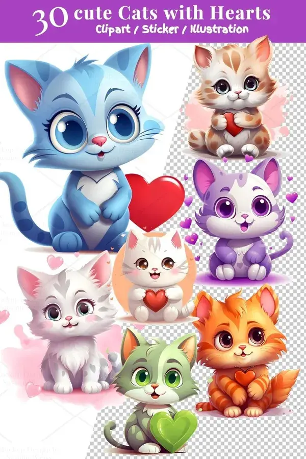 30 Digital cute Cat and heart Clipart Set, Sublimation, cartoon, PNG