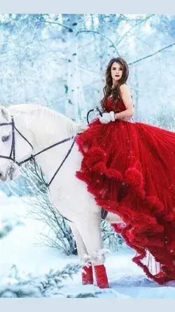 GIRLS WITH RED DRESSES AND HORSES