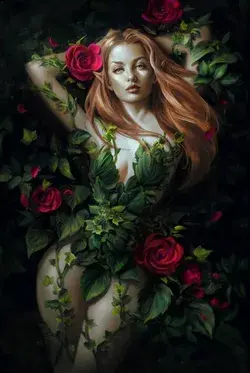 #fantasyart #woman #elf #ivy #roses #leaves #redhair