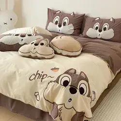 Little Girl Squirrel Cute Cartoon Washed Four-Piece Bed Set - Brown / King